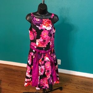 Eliza J Black Floral Fit-and-Flare Dress with Purple Sash